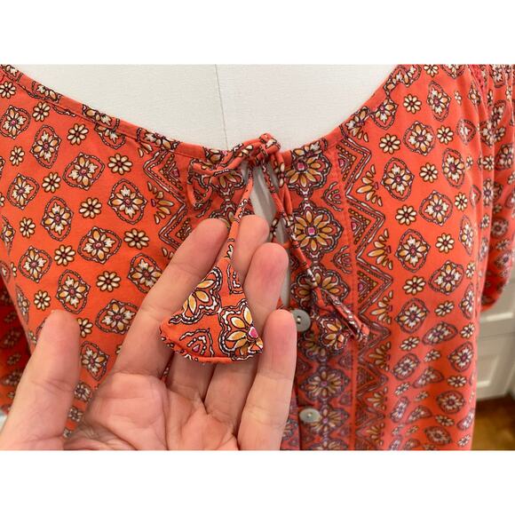 J. Jill Orange Floral Print Short Sleeve Button Down Blouse, Boho, Tassels, XL - Picture 3 of 12